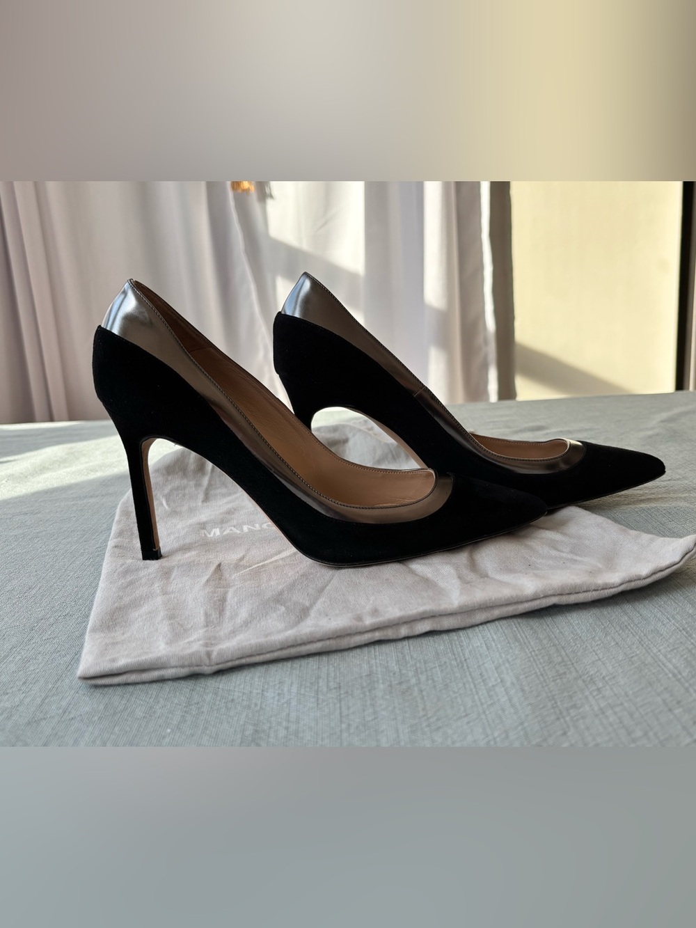 Manolo Blahnik Black Suede Silver Trim Pointed Toe Pumps 36